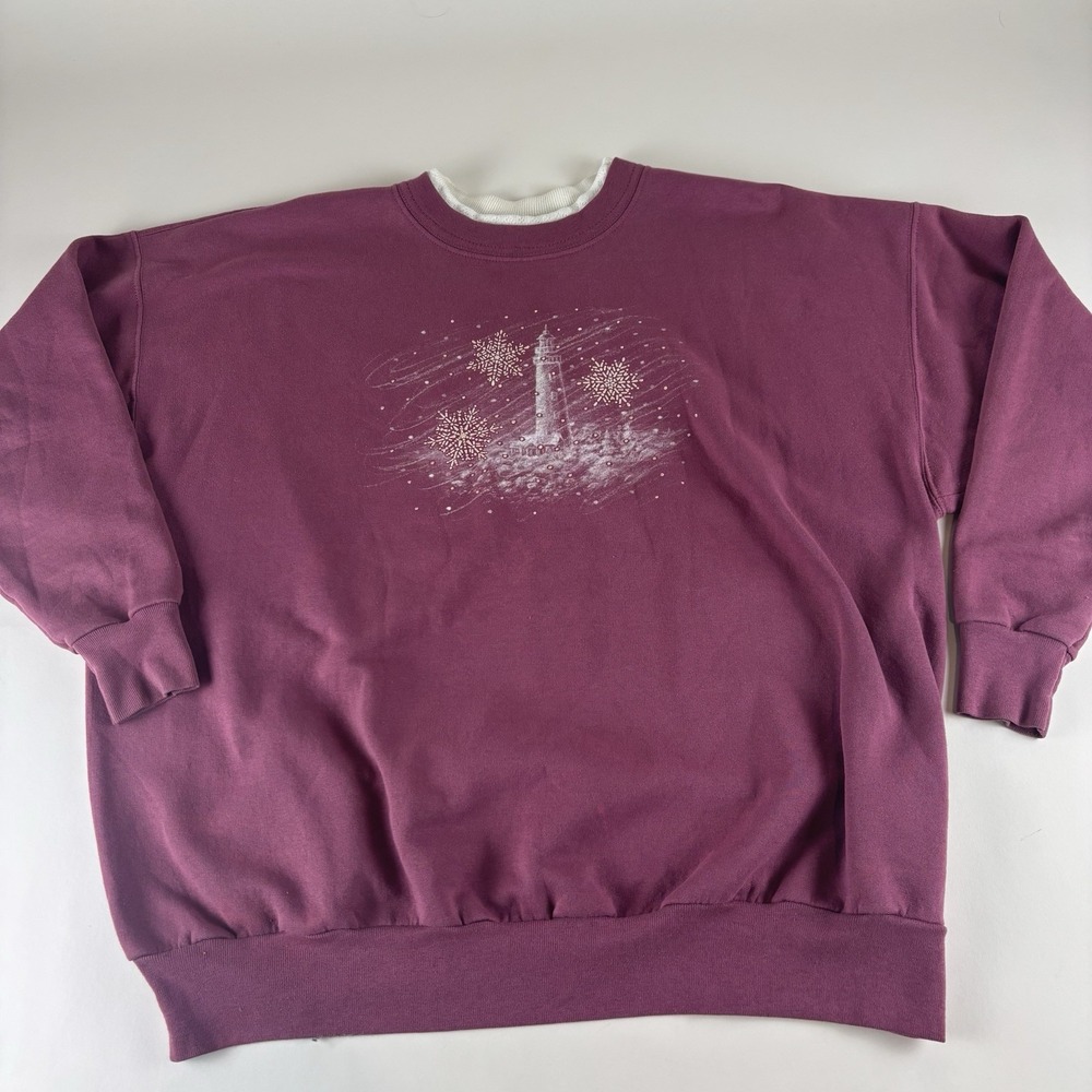 Vintage‎ Christmas Lighthouse Sweatshirt Women 2XL Purple Crewneck Pullover